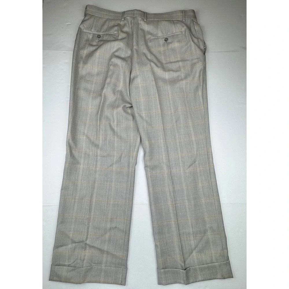 Coogi Luxe Dress Pants 38W Grey Wool Blend Plaid Pleated Cuffed Classic Trousers